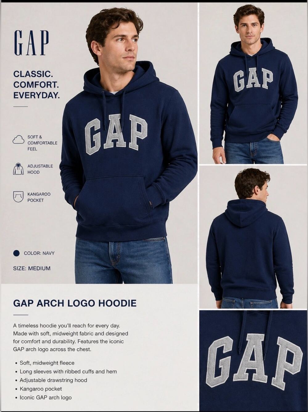 GAP Navy Logo Hoodie Men’s Medium Pullover Sweatshirt NWT